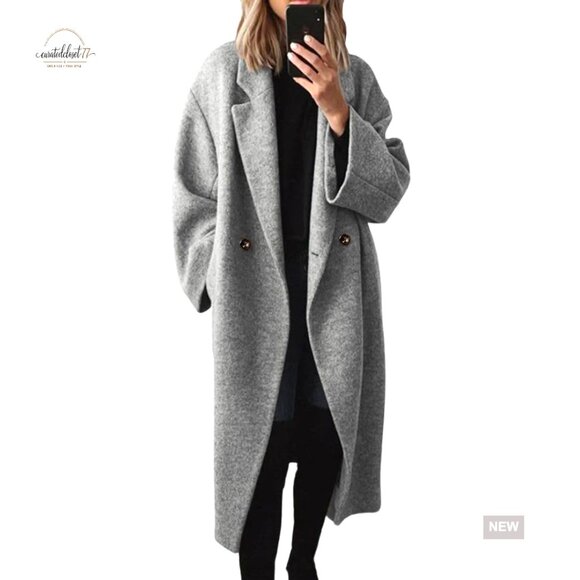 Wool Blend Pea Coat Classic Double Breasted Trench Coat Loose Fit Winter